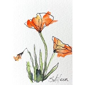 ACEO Painting Watercolor Ink Poppy Flower Red Yellow Botanical Minimal II Signed